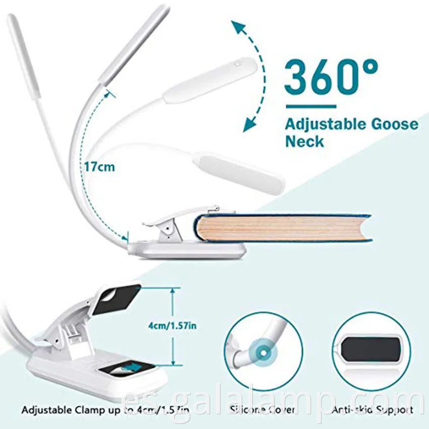 USB Lámpara de escritorio de clip de libro recargable y aturdible para leer